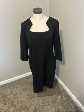 Calvin Klein Black Midi Sheath Dress with Square Cut Neckline